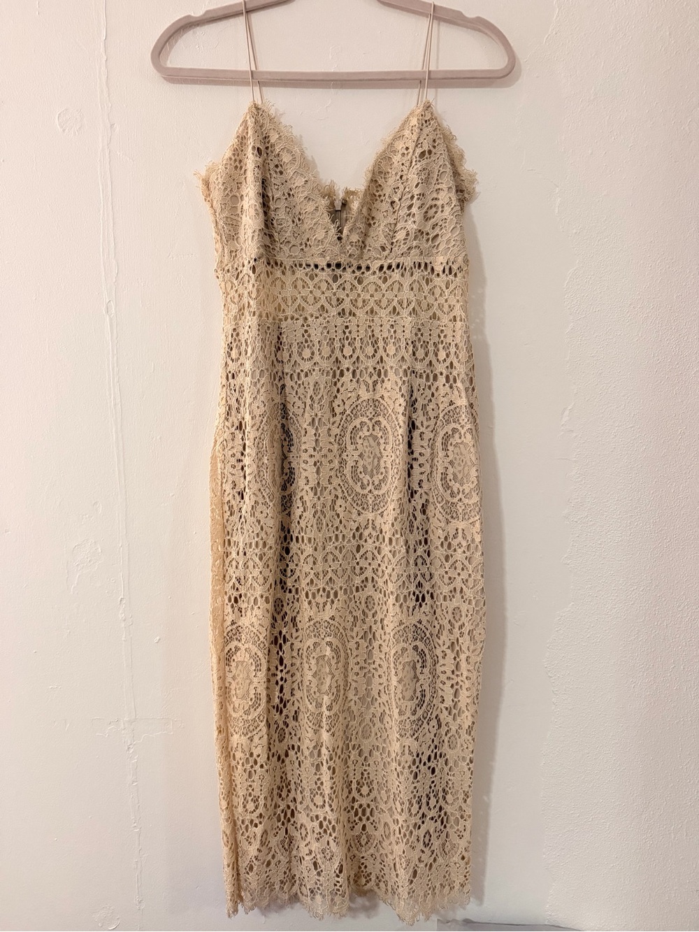 ASOS Beige Crochet Lace Midi Dress with Spaghetti Straps